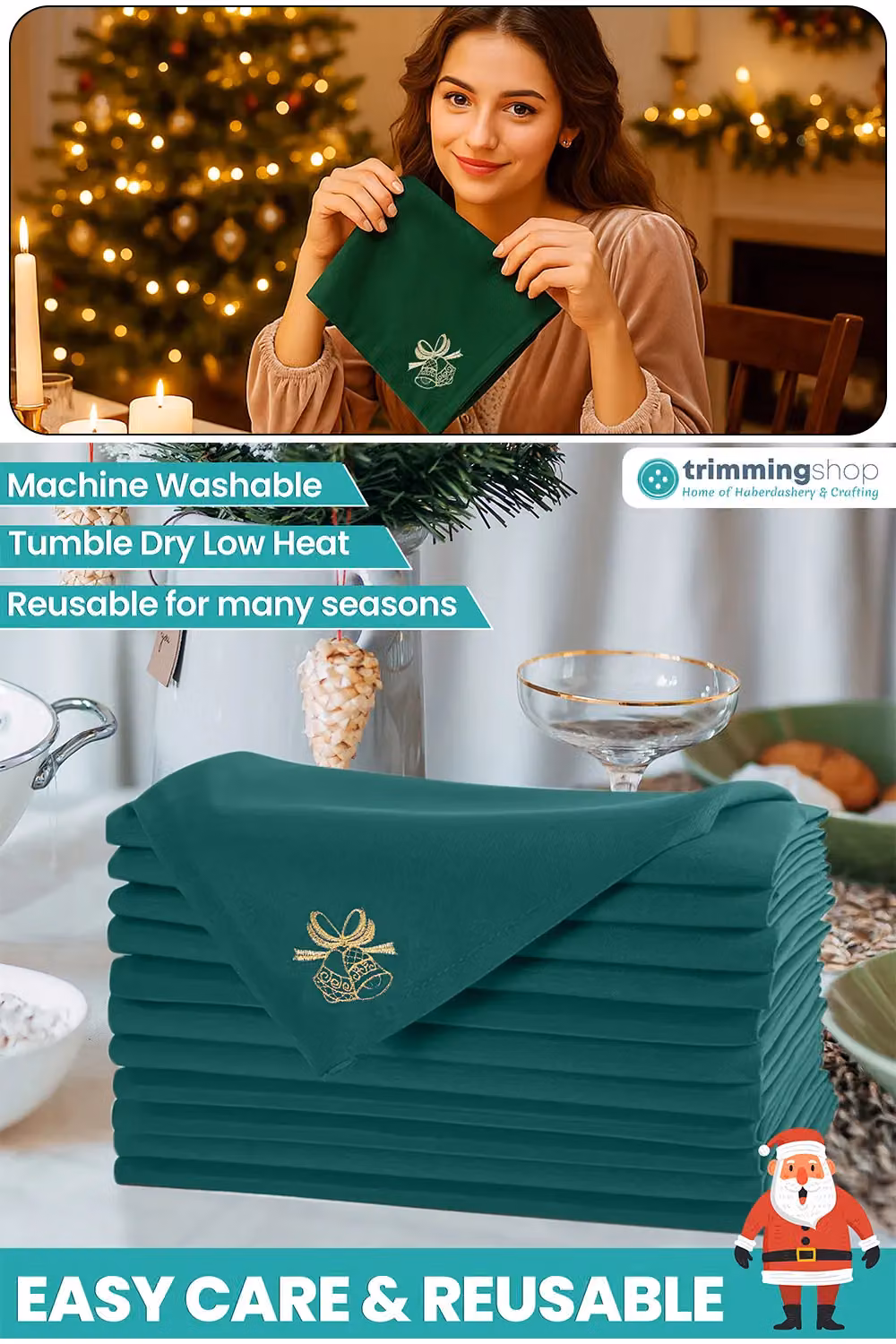 Neel Blue Christmas Table Napkin with Jingle Bell Embroidery in Blue, Red and Green, W/D/H: 50.8 x 50.8 x 50.0 cm – 3