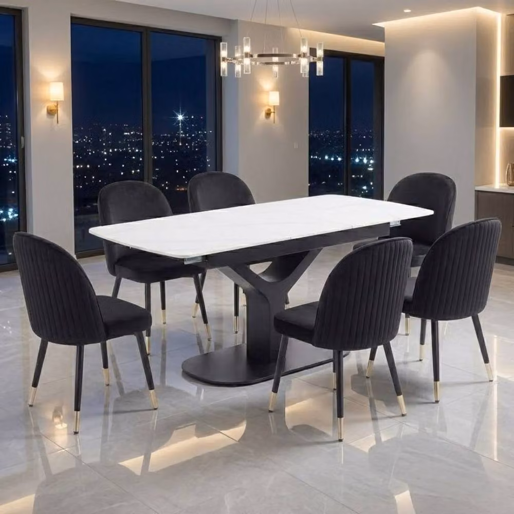Home Luxe Interior Sapphire Extending White Quartz Dining Table and 6 Black Liza Chairs – 3