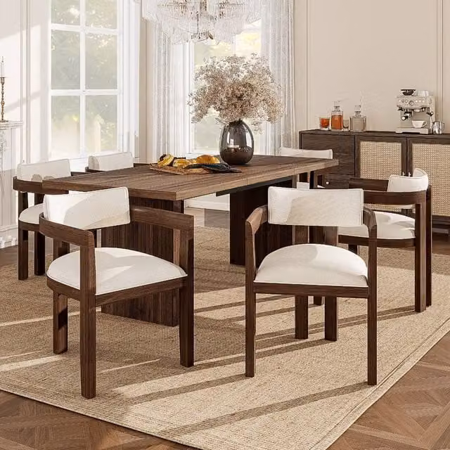 Rolipo Set of 6 Modern Solid Wood Dining Chairs with Beige Linen Upholstery in Brown Walnut
