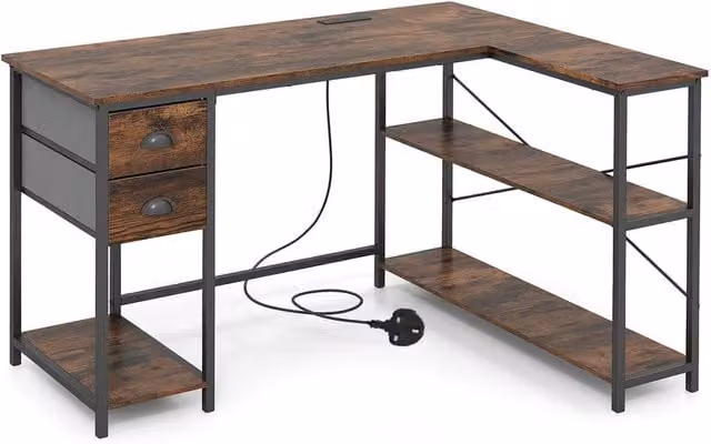 Gymax L Shaped Corner Desk with Charging Station and Cable Management, Brown