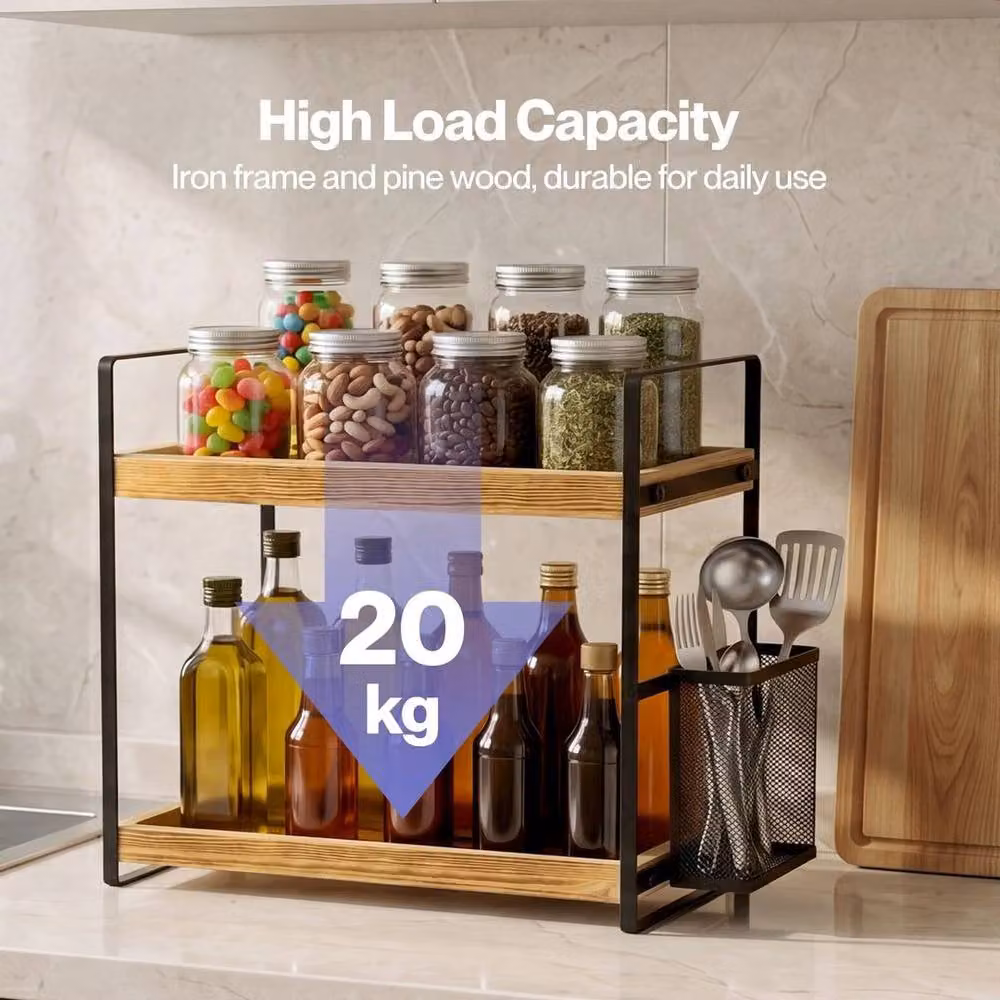 KORVIXA 2 Tier Brown Wood and Metal Bathroom Organiser – 3