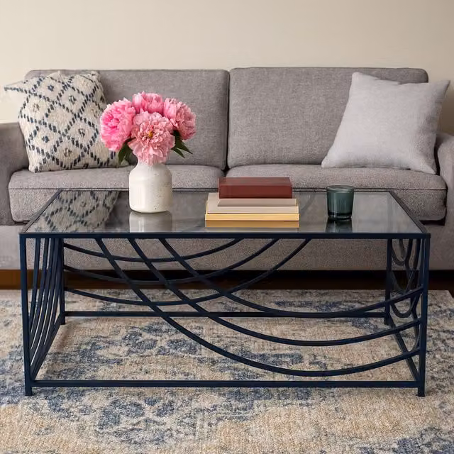 Orsina Rectangular Glass Top Coffee Table with Black Metal Frame, W/D/H: 111 x 61 x 46 cm