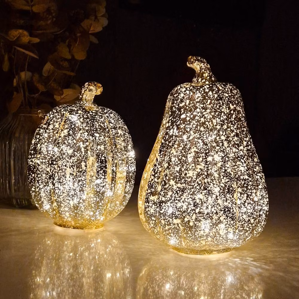 Marco Paul Set of 2 Gold Light Up Plastic Pumpkin and Squash Tabletop Decorations for Halloween – 6