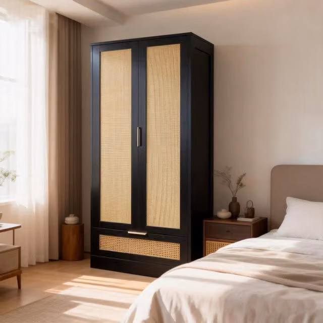 Furniture One Black Fluted Rattan Wardrobe Closet with Hinged Doors and Hanging Rack, Height: 185 cm