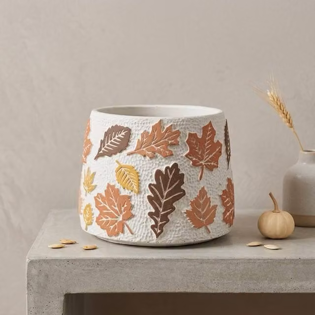 Garden Greatness The Harvest Autumn Leaf Ornamental Planter Pot, Multicolour and White