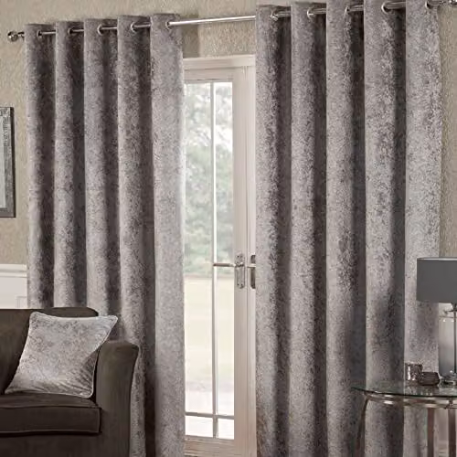 Alan Symonds Home Silver Crushed Velvet Fully Lined Eyelet Curtains, Width: 228.6 cm, Drop: 182.88 cm