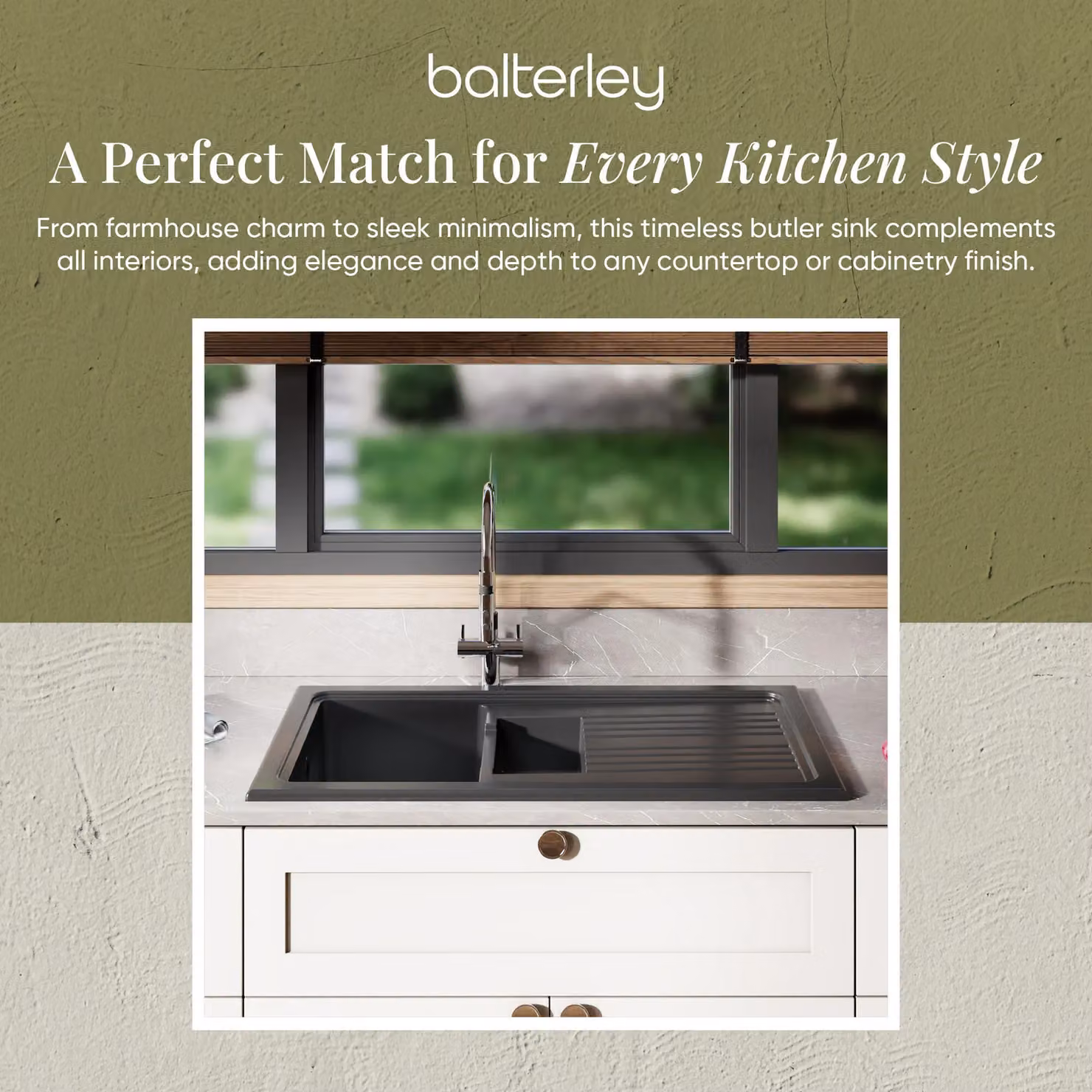 Balterley Ceramic 1.5 Bowl Kitchen Sink with Grooved Drainer, Dark Grey, W: 101.0 cm x D: 52.5 cm x H: 23.5 cm – 5