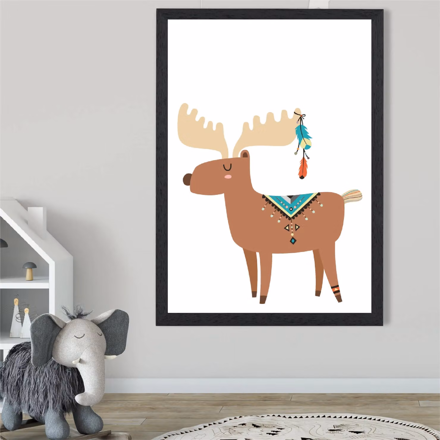 ARTZE Reindeer Tribal Animal Framed Print, Multicolour with Black Frame – 2