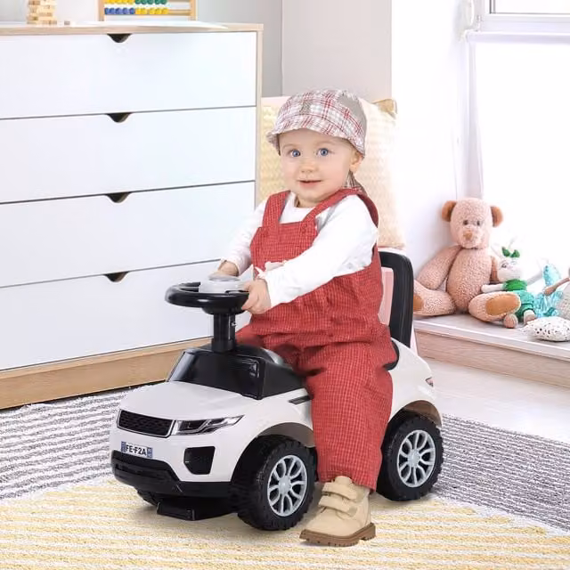 HOMCOM 3-in-1 Ride-On Toy Car with Steering Horn, Push Handle and Storage in White