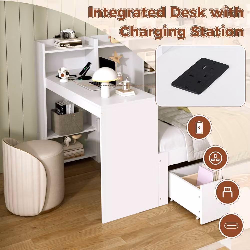 Merax White Wooden Single Cabin Daybed with Desk, Storage Drawers, Bedside Shelf and USB Charging Port, 90 x 190 cm – 4