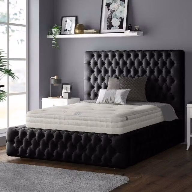 IH Design Royal Cushioned Chesterfield Plush Velvet Bed Frame, Black, Superking, 200 x 200 cm