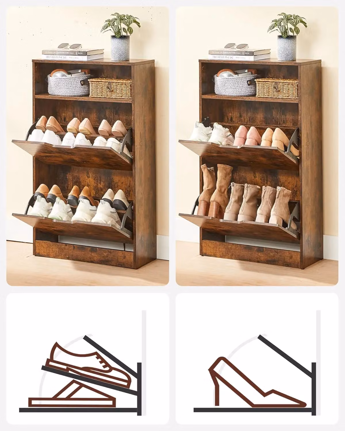 VASAGLE Industrial Shoe Cabinet in Brown with Tilting Compartments and Open Top Shelf – 4