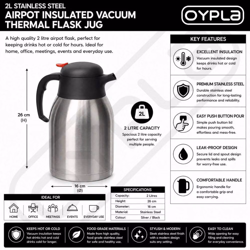 Oypla Stainless Steel Insulated Vacuum Thermal Airpot Flask, 2 l, Silver – 3