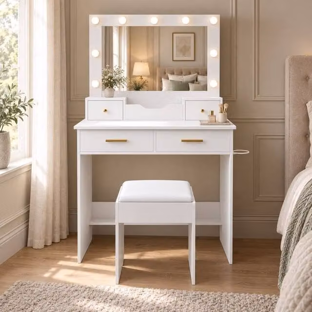 AKI HAUS Modern White 4-Drawer Dressing Table with Nine-Bulb LED Mirror and Stool – 1