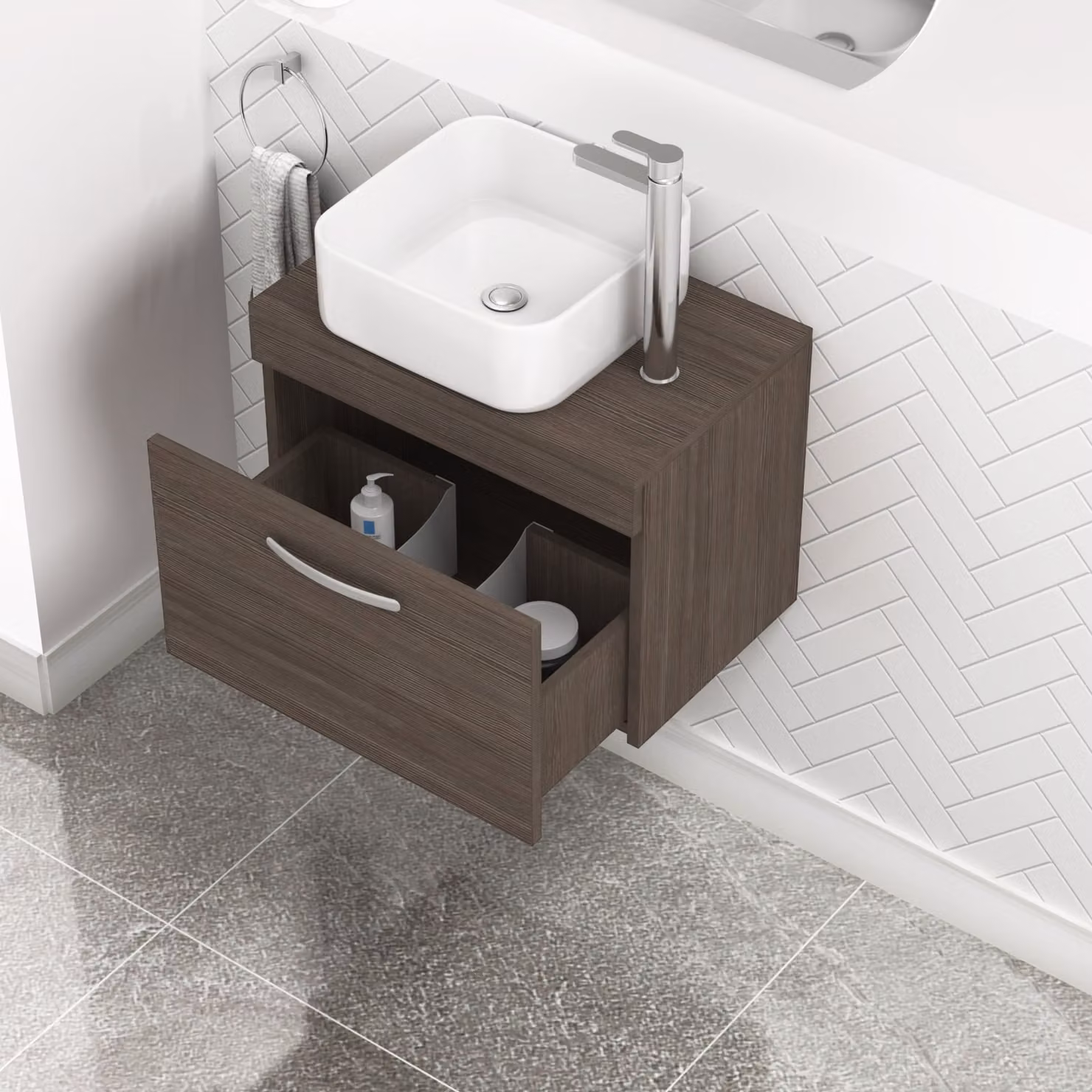 Royal Bathrooms Elena Wall Hung Vanity Unit with 1 Drawer and Countertop Basin in Grey Elm and White