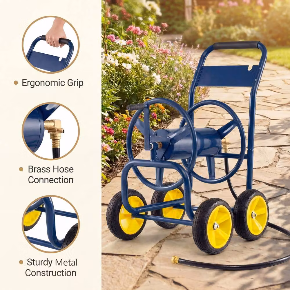 Costway 4-Wheel Garden Hose Reel Cart, Powder-Coated Metal Water Hose Organiser in Blue – 8