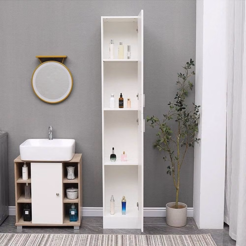 Ventryn Modern Glossy White Freestanding Bathroom Tall Storage Cabinet with Hinged Doors and Internal Shelves – 2