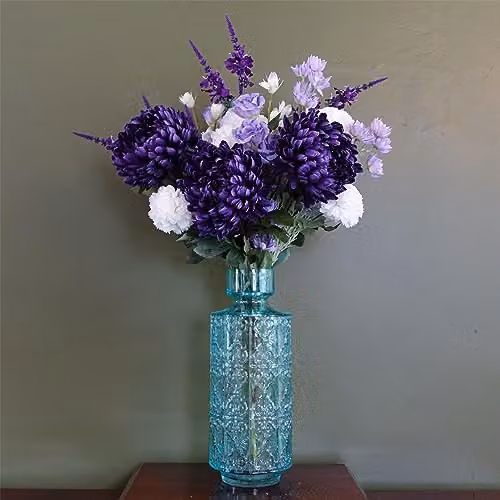 Leaf Design UK Mixed Floral Artificial Flower Display with Glass Vase in Turquoise, White and Purple – 2