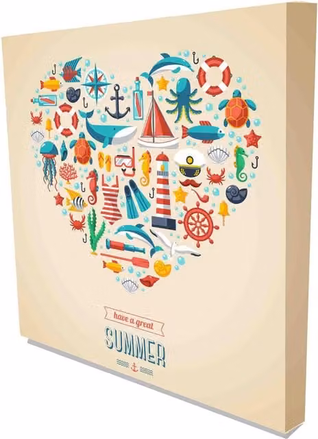 Benjamin Tate Design LTD Summer Heart Marine Symbols Abstract Graphic Art Wrapped Canvas in Brown and Multicolour, Width: 90 cm
