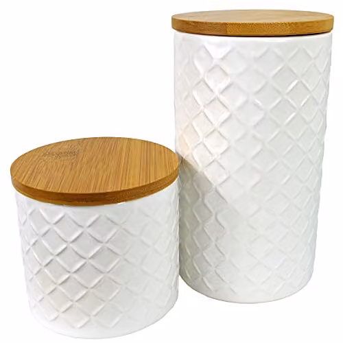 Leaf UK Set of Two Floral Ceramic Kitchen Storage Jars with Airtight Bamboo Lids in Beige and White, Height: 18 cm
