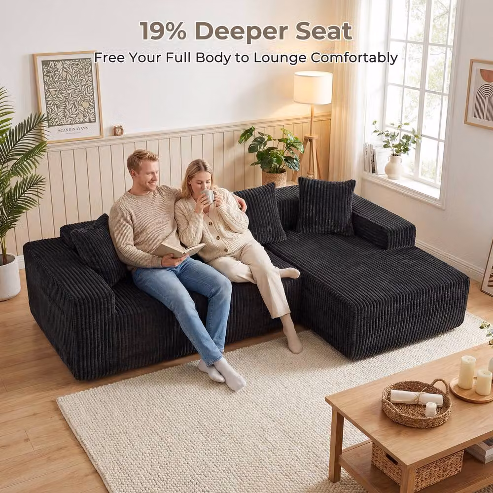 Dprodo 261 cm Modular Right L-Shaped 4 Seater Sectional Corner Sofa in Black Velvet Cord Fabric – 3