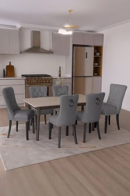 Neo Set of Six Studded Velvet Dining Chairs with Ring Knocker Detail in Dark Grey – 1