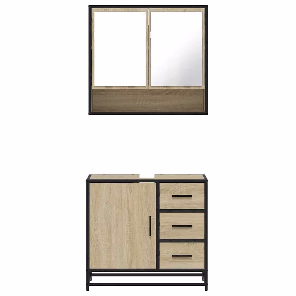 Berkfield Home 2 Piece Industrial Bathroom Furniture Set in Sonoma Oak and Brown, featuring a Vanity Unit and Mirror Cabinet – 2