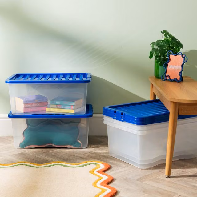 Wham Crystal 45L Storage Box with Stronger Lid Pack of 5, Blue