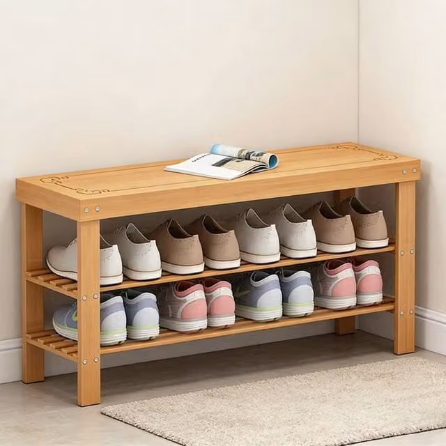 Ventryn Hallway Storage Bench with 3-Tier Wooden Shoe Rack in Sand Brown