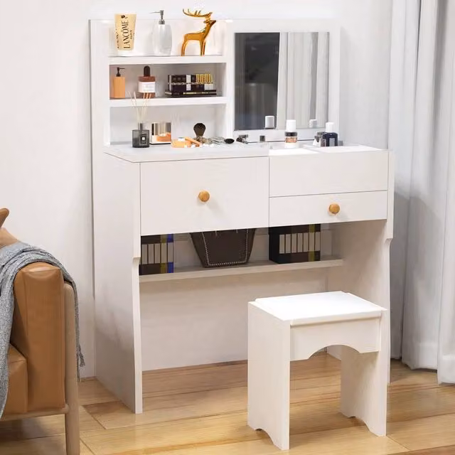 VOGREX Dressing Table with Mirror and Stool Set in White – 1