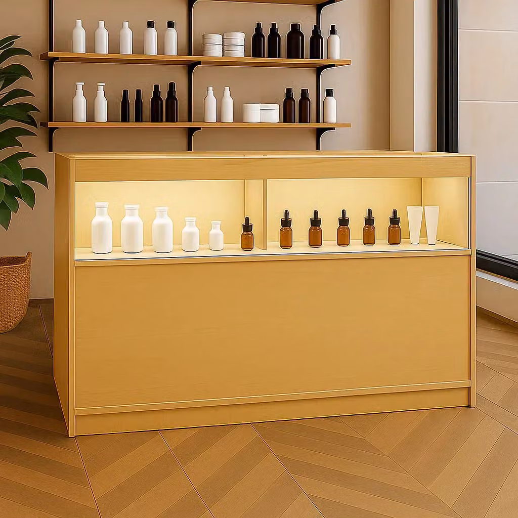 Monstershop B1500 LED Retail Shop Counter in Maple Beige with Glass Sliding Doors and Integrated Lighting – 3