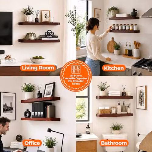 Innoteck Set of 2 Modern Straight Floating Wall Shelves in Walnut – 5