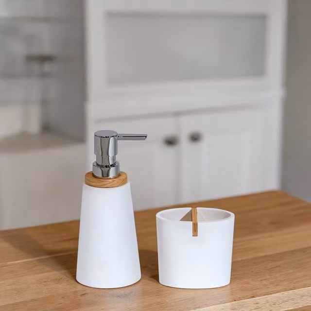 Showerdrape Sonata Bamboo Bathroom Accessory Set with Soap Dispenser and Toothbrush Holder in White