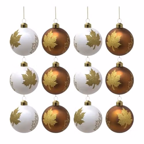 Shatchi 12-Piece Set of Classic Floral Glass Baubles in White, Gold and Brown for Christmas, Weddings or Parties, Diameter: 8 cm