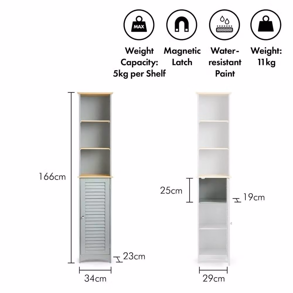 Havendro Tall Slim Grey Bathroom Storage Cabinet with 6 Shelves and Hinged Doors, H 165 x W 23 x D 34 cm – 2