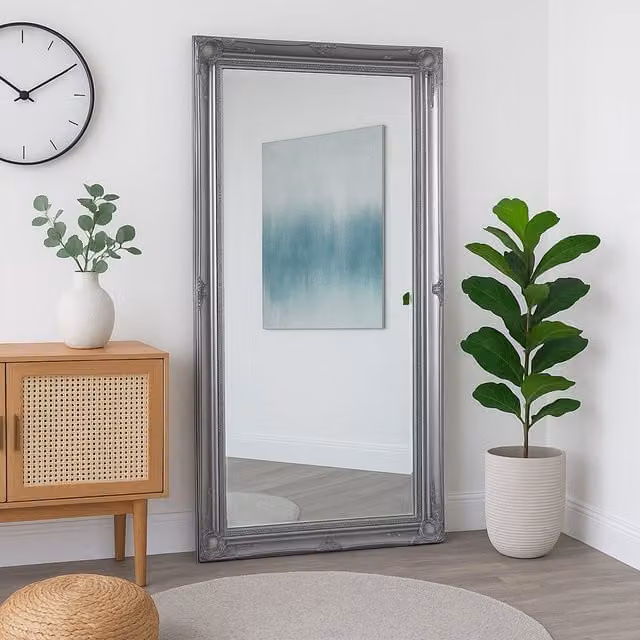 Melody Maison Large Ornate Vintage Silver Wall, Floor or Leaner Mirror, H 158 cm x W 78 cm