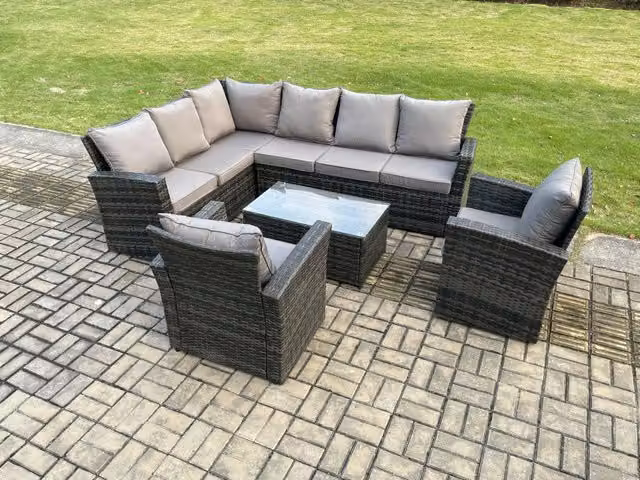 Fimous 8 Seater High Back Rattan Corner Sofa and Armchair Garden Furniture Set in Dark Grey Mixed