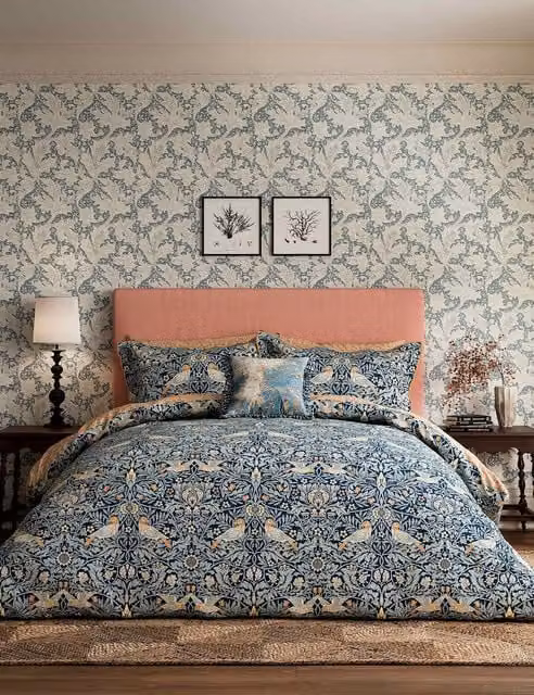 Morris & Co Bird Blue Mix Pure Cotton Percale Bedding Set W: 140 cm, L: 200 cm