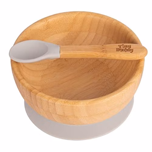 Tiny Dining Bamboo Baby Suction Cereal Bowl and Silicone Spoon Set in Grey – 1
