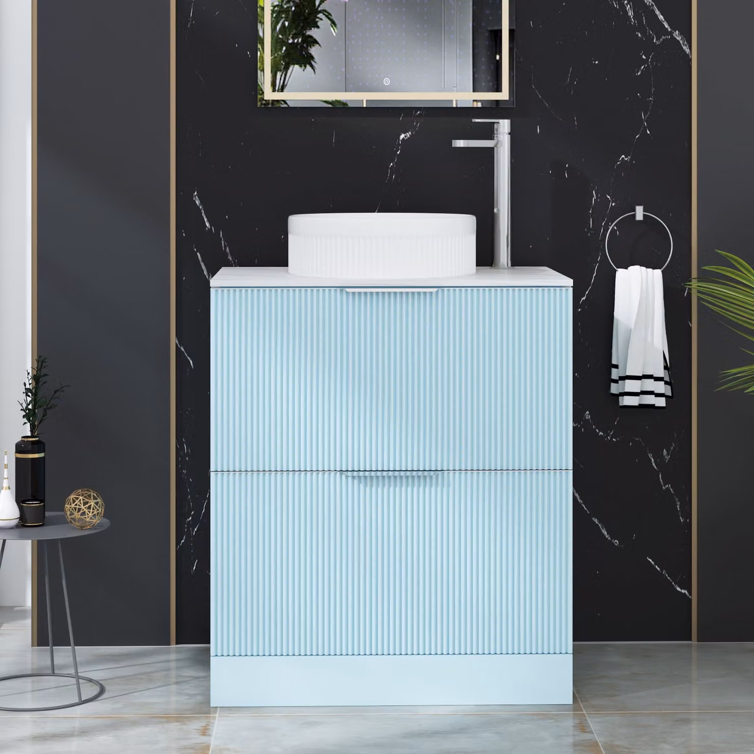 Royal Bathrooms Evora Powder Blue Fluted Floor Standing Countertop Vanity Unit with 2 Drawers and Round Basin