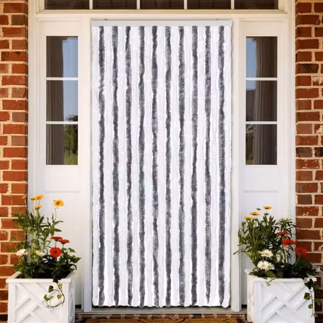 Berkfield Home Grey and White Striped Chenille Insect Curtain, W: 90 cm, H: 220 cm – 1