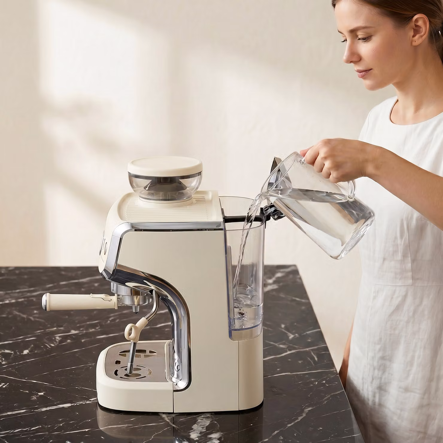 HOMCOM Bean to Cup Coffee Machine with Integrated Grinder and Steam Wand, Cream White – 7