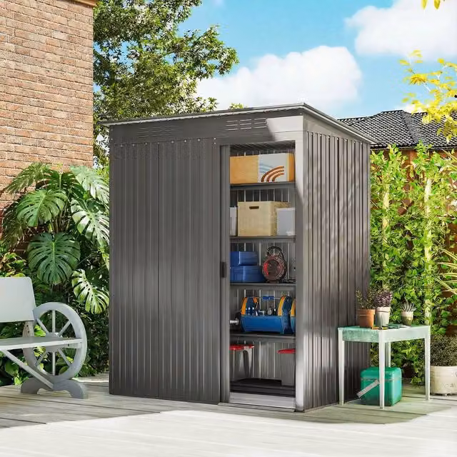 OUTSUNNY Metal Garden Shed in Grey, W/D/H: 152.4 x 106.68 x 181.0 cm – 1