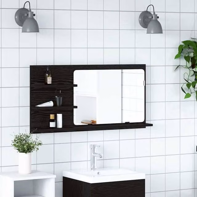 Berkfield Home Black Oak Modern Bathroom Mirror Cabinet with Glass Doors, W/D/H: 90 x 11 x 45 cm