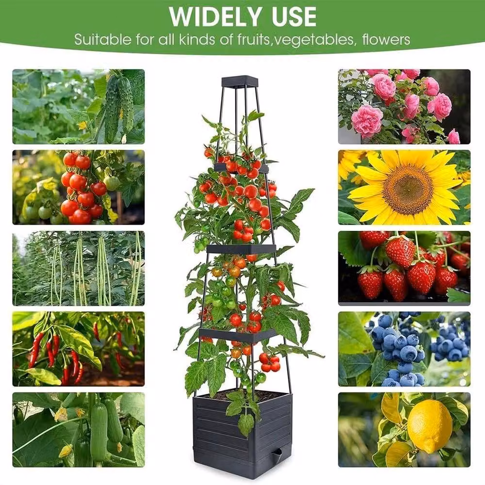 SPETLEK 4-Tier Grey Wooden Grain Tomato Planter Box with Climbing Trellis – 4