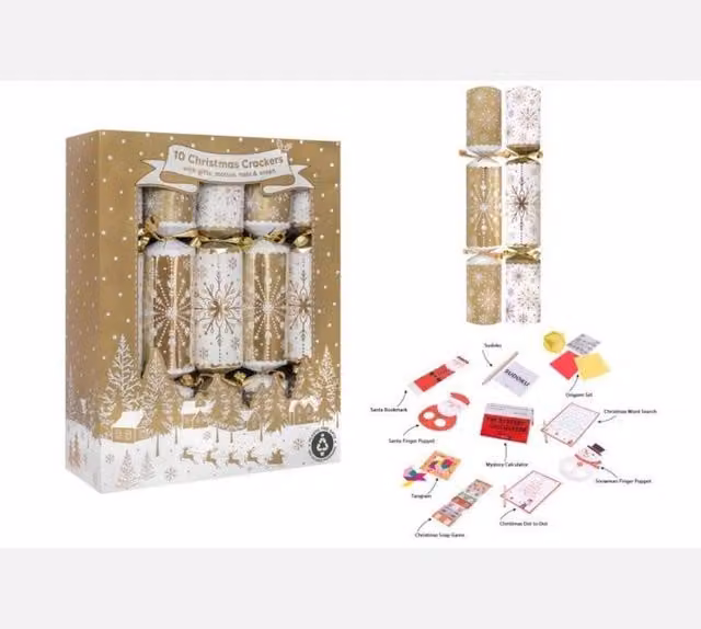 KDMD Gold and White Snowflake Christmas Crackers, 10 Pack, Length: 30.48 cm