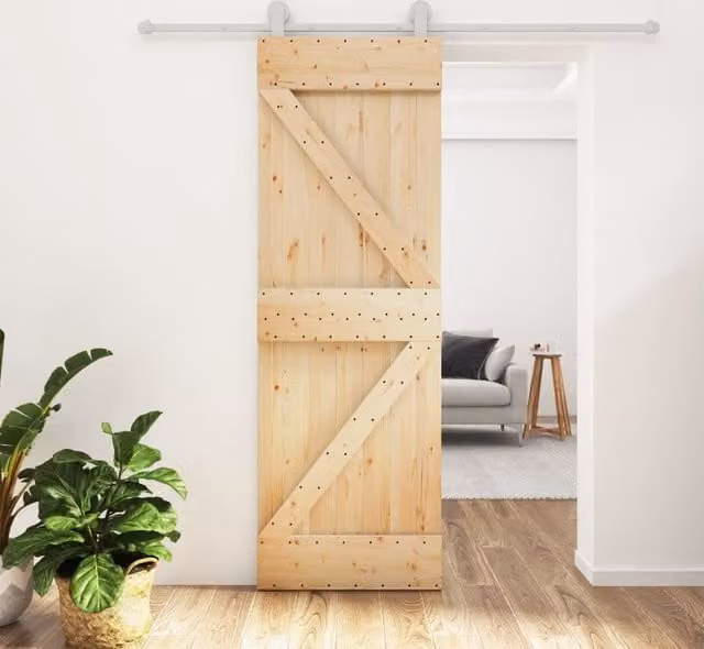 Berkfield Home Modern Sliding Door with Hardware Set in Brown Solid Pine Wood, W: 70 cm, H: 210 cm