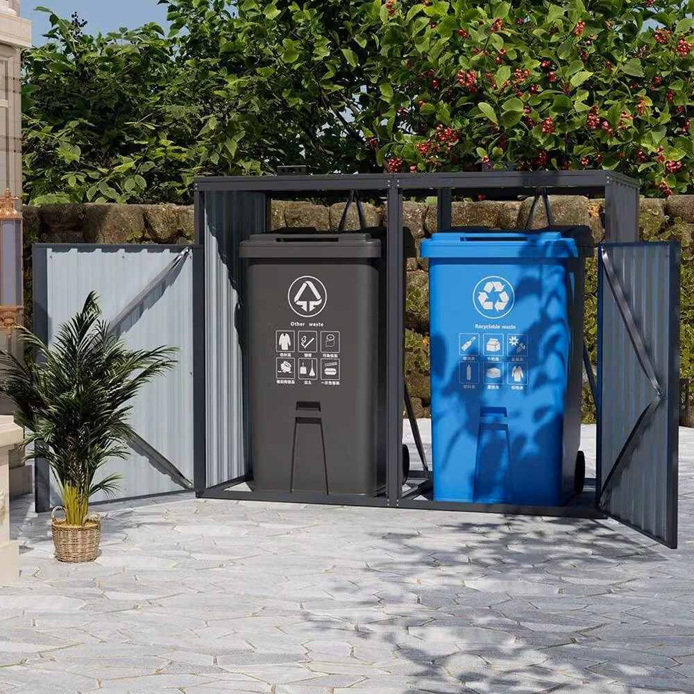PAWNORA Double Bin Storage Metal Dustbin Shed Cover in Dark Grey – 3