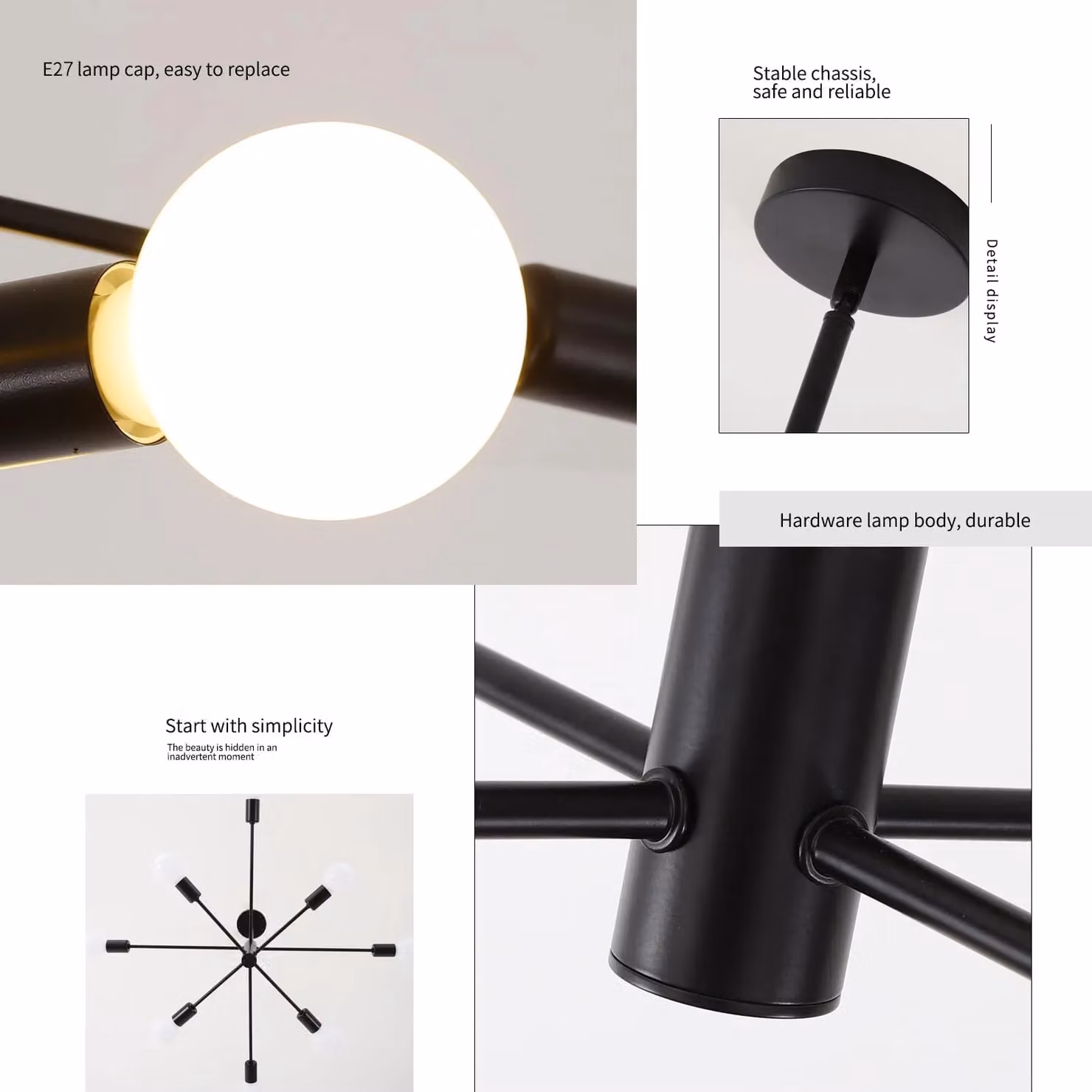 Garwarm Mid Century Modern Sputnik 8-Light Adjustable Pendant Chandelier in Black, Gold or Copper – 3