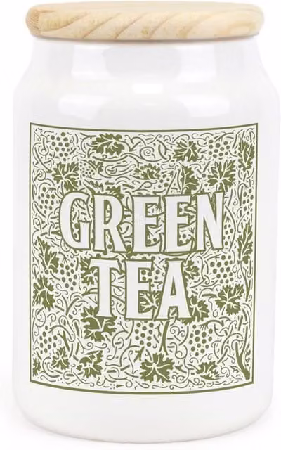 Purely Home Green Oak Leaves and Berries Ceramic Floral Green Tea Storage Canister in Green and White